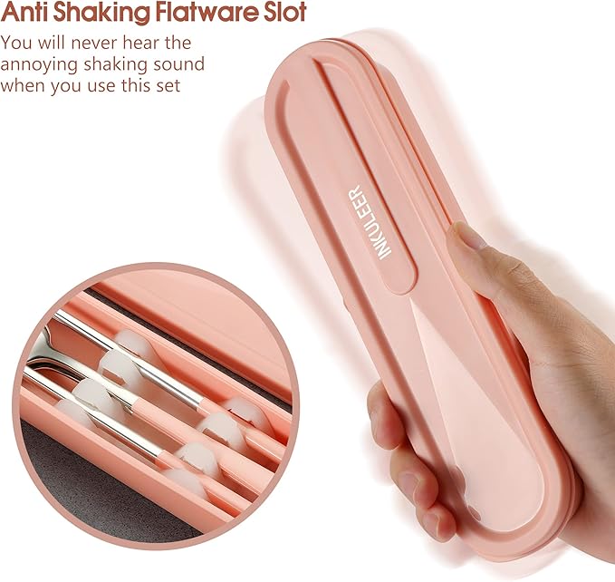 Travel cutlery set, 18/8 stainless steel cutlery, Reusable utensils set with case, Portable Silverware Lunch Box for Camping and Office (Pink/knife set)