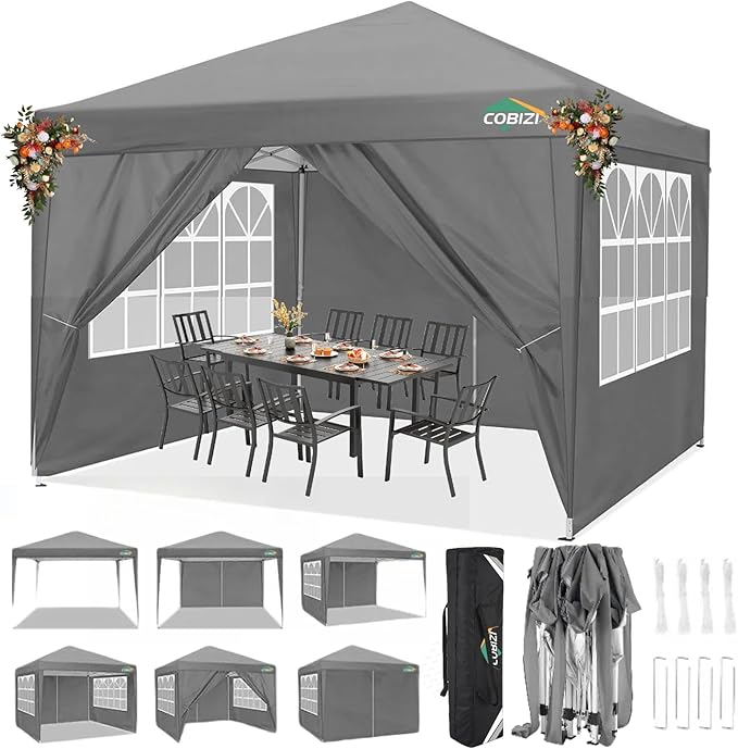 COBIZI 10x10 Pop Up Canopy Tent with 4 Sidewalls, Easy Set Up Canopy 10x10 Waterproof Commercial Outdoor Gazebo Portable Shelter Instant Tents for Parties,Backyard,Flea Market(Carrying Bag×1,Grey