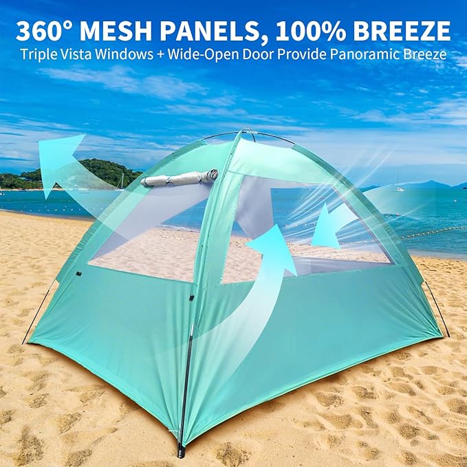 COVACURE 2026 New Upgraded Beach Tent Sun Shelter - UPF 50+ UV Protection Beach Shade for 3-4 Person, Waterproof & Lightweight, Easy Setup Portable Sun Canopy for Camping, Fishing, Beach (Green)