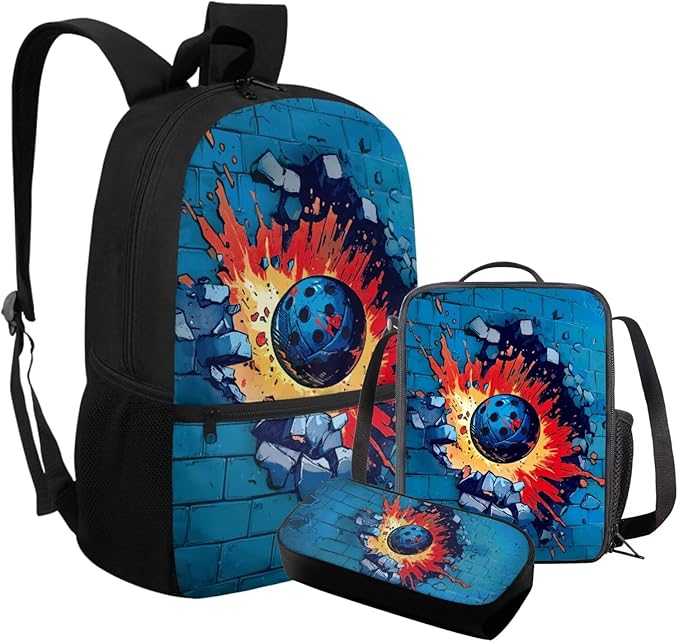 Rnyleeg Fire Pickleball Backpack for Kids 6-8 with Lunch Box Funny Boys Backpack Set Lightweight Book Bag Set 3-in-1 for Elementary Students Back to School Gifts