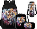 Cool Tiger Backpack Sets for Boys Back to School, 3rd Grade Boys Backpack 4 PCS Set Pencil Case Multifunctional Lunch Box Set Water Bottle Holder for School Study