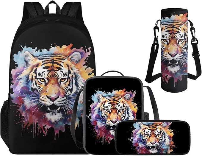 Cool Tiger Backpack Sets for Boys Back to School, 3rd Grade Boys Backpack 4 PCS Set Pencil Case Multifunctional Lunch Box Set Water Bottle Holder for School Study