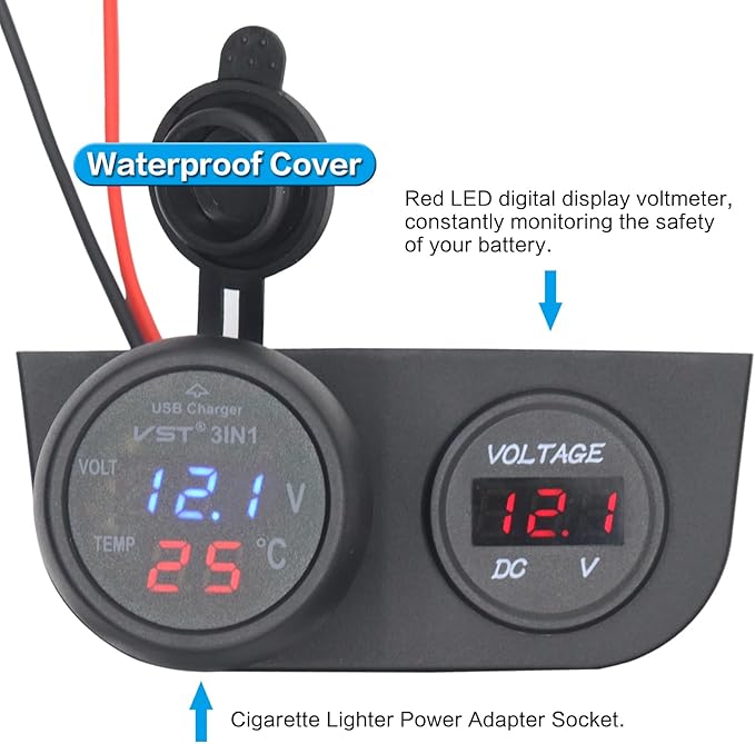 12/24V Multi-Functional 2-Hole Tent Panel Car Conversion Socket Cigarette Lighter Power Adapter+Digital Voltmeter Waterproof Socket Combination for Car Boat RV