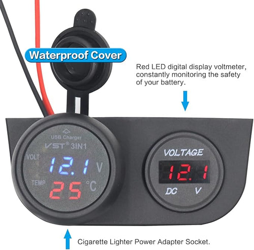 12/24V Multi-Functional 2-Hole Tent Panel Car Conversion Socket Cigarette Lighter Power Adapter+Digital Voltmeter Waterproof Socket Combination for Car Boat RV