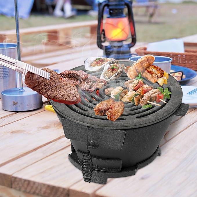 Happygrill Cast Iron Hibachi Charcoal Grill, Portable Japanese BBQ Grill w/ 12” Double-Sided Grate, Air Regulating Door & Fire Gate, Outdoor Tabletop Hibachi Grills for Camping, Picnic
