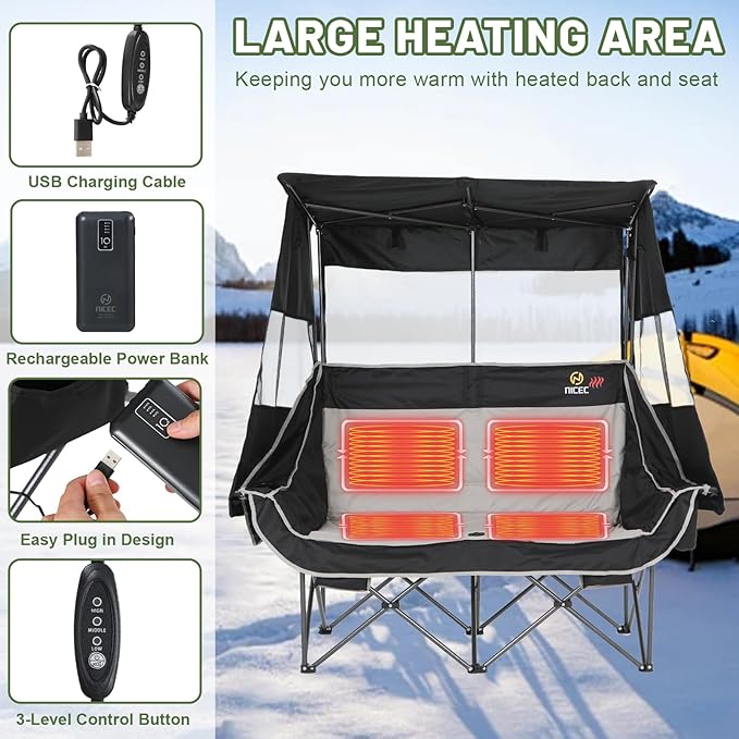 Nice C Heated Double Camping Chair with Canopy, Heated Outdoor Sports Folding Chair with Battery, Portable Padded Umbrella Chairs with Shade, Cup Holder, Cooler Bag, Loveseat for Lawn, Outdoors
