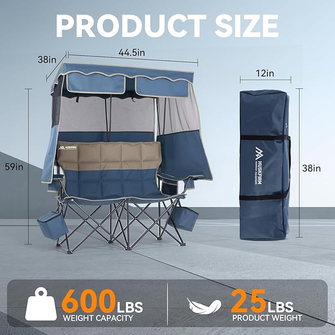 Double Beach Chair With Canopy Shade Camping Chair With Canopy Oversized Double Camping Chair With Canopy Folding Loveseat Chair With Two Cup Holders and Cooler Bag For Camping,Beach, Fishing