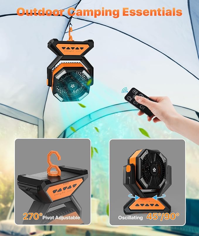 Rechargeable Fan Portable-Camping Fans for Tents, 20000mAh Battery Powered Fan Camping Lights with Remote Hook, 4 Timer/4 Speed,Oscillating 45°/90°, Suitable for Personal Office Desk Travel Beach BBQ