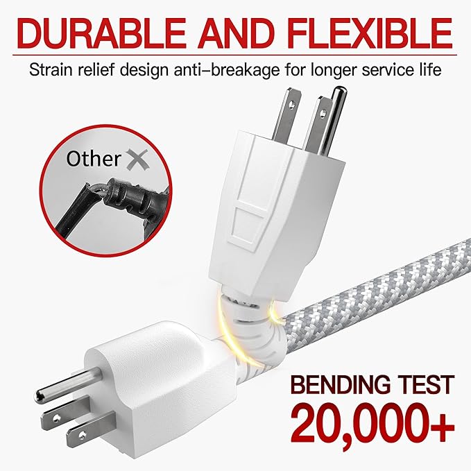 16/3 Braided Extension Cord 10 FT, Braided Extension Cord Flexible & Durable, Indoor 3 Prong Power Cable, Suitable for Home and Office, 13 Amp 1625 Watt 125VAC 16AWG, ETL Listed