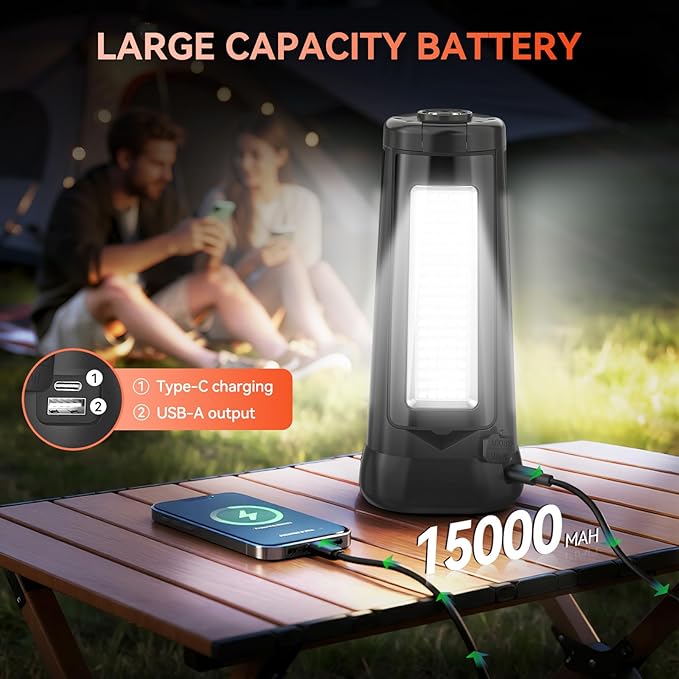 15000 mAh Rechargeable Camping Light with Stand, Cordless Work Light with 3 LED Lamp Heads, 5500 Lumens Dimmable Camping Essentials Gear Emergency Flashlight with 86" Detachable Tripod, Black