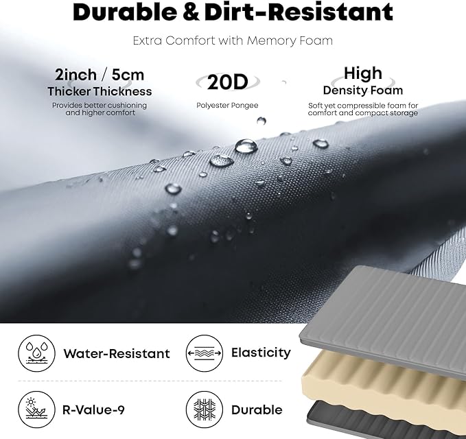 Self Inflating Sleeping Pad with Foot Pump, 2 Inch Thick Memory Foam Camping Pad, Quick Inflation Air Mattress for Camping, Hiking, Car Travel, and Outdoor Adventures, Grey