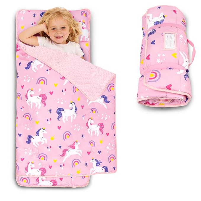 Toddler Nap Mat with Pillow and Minky Blanket, Large 55"x36" Sleeping Bag, Washable, Lightweight, Easy to Roll, Perfect for Preschool, Daycare, Kindergarten, Travel, Boys and Girls-Horse