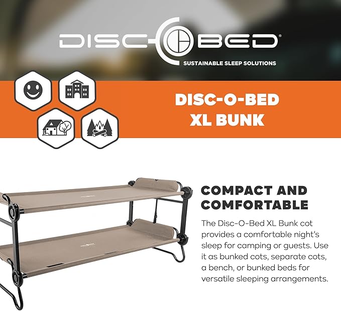 Disc-O-Bed Extra Large Outdoor Convertible 2 Person Bench and Double Camping Cot Portable Bed for Adults, Tan