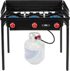 Hike Crew Cast Iron 3-Burner Outdoor Gas Stove | 225,000 BTU Portable Propane Cooktop w/Blue Flame Control, Removable Legs, Temperature Control Knobs, Wind Panel, Hose, Regulator & Storage Carry Case