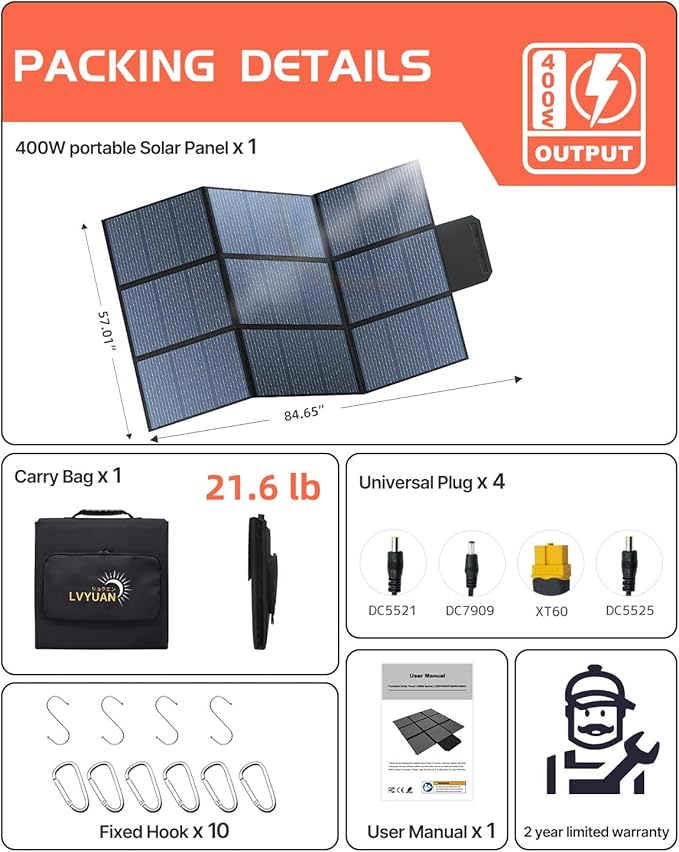 LVYUAN 400W Portable Solar Panel, 24V Foldable Pillow-Sized Solar Panel IP64 Waterproof, Upgraded 23% Efficiency for Solar Power Station Generator for Outdoor Camping Backpacking Hiking