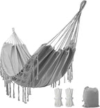 Double Boho Macrame Hammock with Elegant Tassels for Patio, Yard, Beach Wedding Decor, Outdoor and Indoor Up to 450lbs Include Tie Ropes and Drawstring Bag