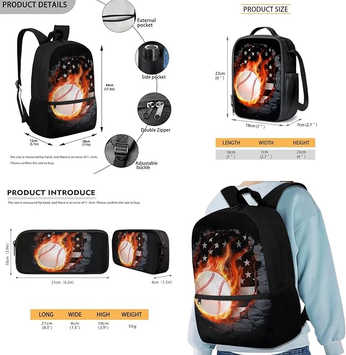 Rnyleeg Fire Baseball Backpack for Boys 6-8 Novelty Kids Bookbag Set with Lunch Bag Lightweight 3-Piece Book Bag Set for Elementary School Travel Backpack