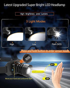 Camping Headlamp Zoomable Motion Sensor with Red Tail Light, 4000High Lumen Headlight with 3 Modes,IP65 Waterproof 90° Adjustable for Hiking Fishing Running Emergency Hard Hat Headlamp