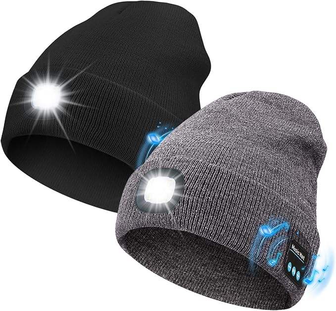 Bluetooth Beanie with Light, USB Rechargeable LED Headlamp Winter Hat, Men Women Valentine's Day Gifts