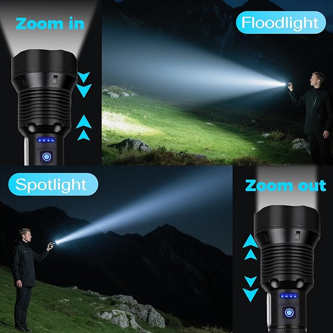 Flashlights High Lumens Rechargeable, Super Bright Led Flashlight with 7 Modes & IPX7 Waterproof, Adjustable Focus Tactical Handheld Powerful Flashlight for Home Camping Emergencies Hiking