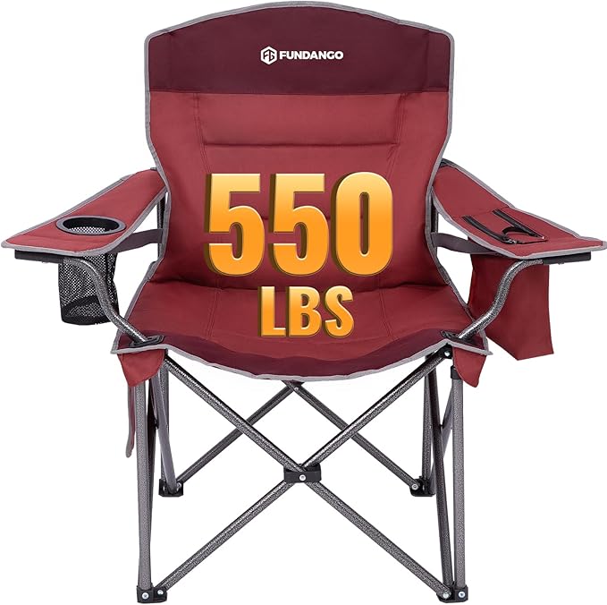 FUNDANGO Oversized Camping Chairs for Adults, Heavy Duty Fold Up Sports Games Lawn Chairs, Extra Wide Big Man Outdoor Chairs with Padded Lumbar Support Backrest, Bag Included for Camp, Outside, Beach