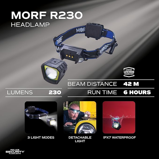Police Security Flashlights - MORF Removable R230 3 in 1 Headlamp Magnetic Flashlight - Perfect for Mechanics, Emergency Preparedness, Outdoor, Water Proof, Drop Proof