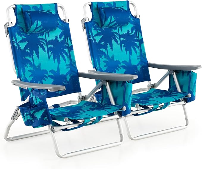 Tangkula Set of 2 Backpack Beach Chair, 5-Position Lightweight Folding Lay Flat Beach Chairs with Cooler Bag, 2 Cup Holders, Towel Bar, Backpack Straps