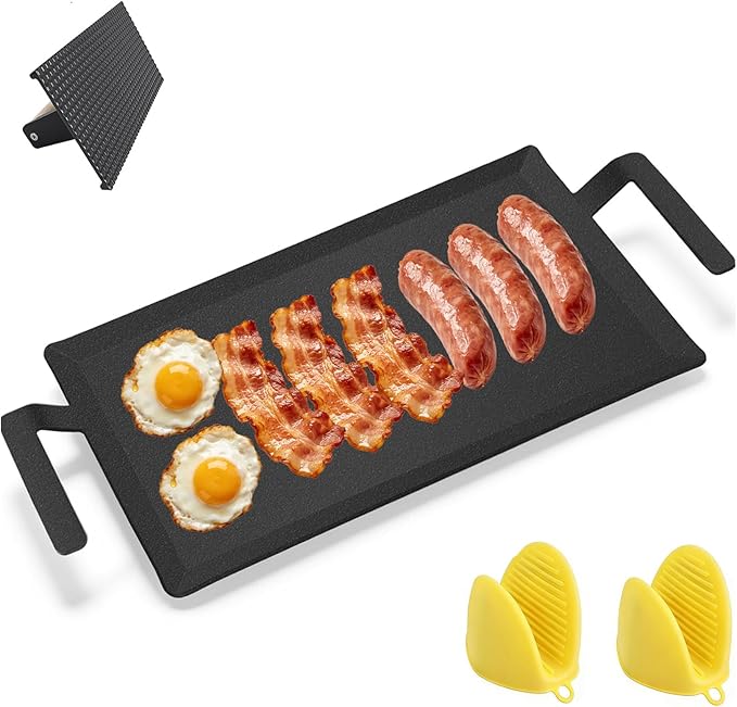 Carbon Steel Double Burner Griddle for Gas Grill–19.6" x 10.5" Flat Top Griddle Pan with Smash Burger Press& Heat Resistant BBQ Gloves,Stovetop & Induction Griddle Plate for Charbroil, Camp Chef