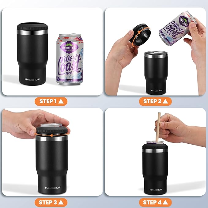 HAUSHOF 12 oz Can Cooler, 4 in 1 Insulated Stainless Steel Can Insulator, Fits for 12 oz Standard Can| Slim Can|12 oz Beer Bottle, Perfect for Camping, Beach, Picnic