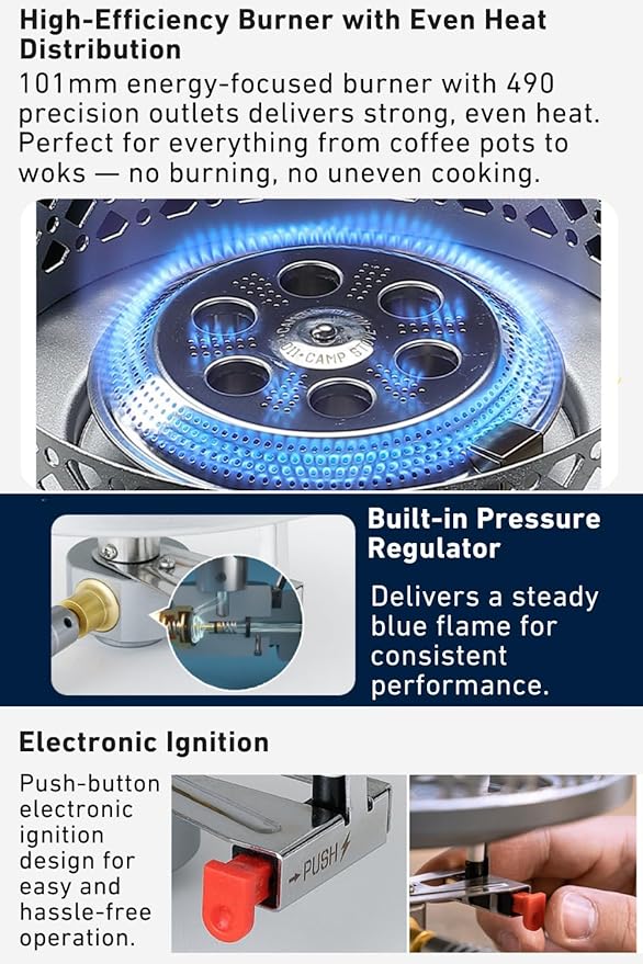 CAMPINGMOON Propane Top Stove Plate Stainless Steel Frame IGT Table Top Gas Burner Windproof Recessed Design for Camping CK-25PG+PG-4 Gas not Included