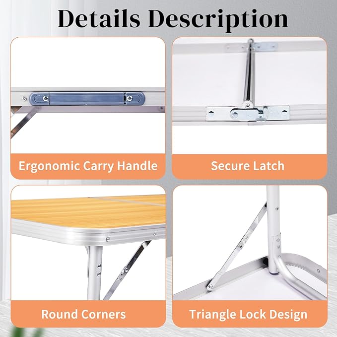 Outvita 3ft Portable Folding Camping Table, Outdoor Waterproof Adjustable Height Table, Aluminum Lightweight Suitcase Foldable Table for Picnic BBQ Beach Dining
