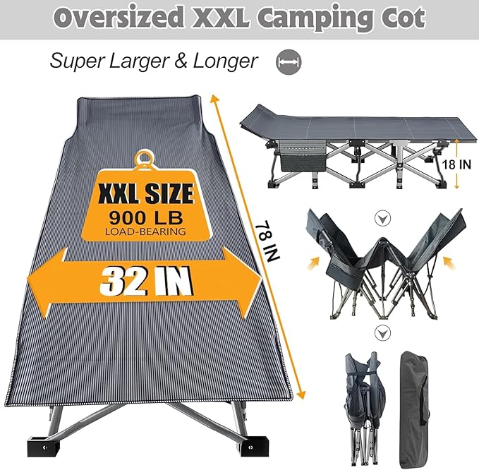 ABORON XXL Camping Cot with 2in Memory Foam Trifold Mattress, 900LBS Heavy Duty Sleeping Cot for Adults, Extra Wide Sleeping Cot, 1200D Double Layer Oxford Cot for Camping, Guest, Office Nap