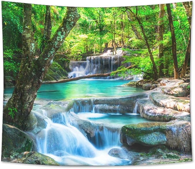 Forest Waterfall Tapestry Wall Hanging Sandy Beach Picnic Rug Camping Tent Sleeping Pad Home Decor Bedspread Sheet Wall Cloth (60x51inch,8)