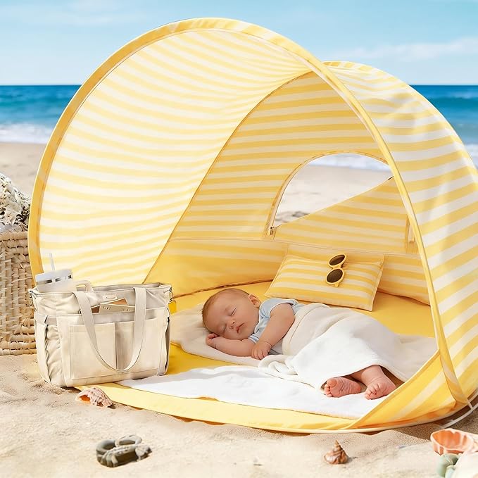 Tiny Land Baby Beach Tent – Pop Up Baby Tent with UV Protection, Portable Baby Beach Essentials, 35.4"x27.6"x31.5" Sun Shelter for Infants, Baby Summer Outdoor Use (Pastel Yellow Stripes)