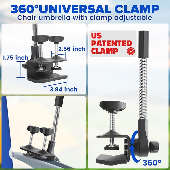 Beach Umbrella, 2PACK 48.7inch Chair Umbrella with Clamp adjustable 360°, UV Protection Large Camping Chair Umbrellas for Camping chair, Glof Cart,Table(Chair,Table not include)