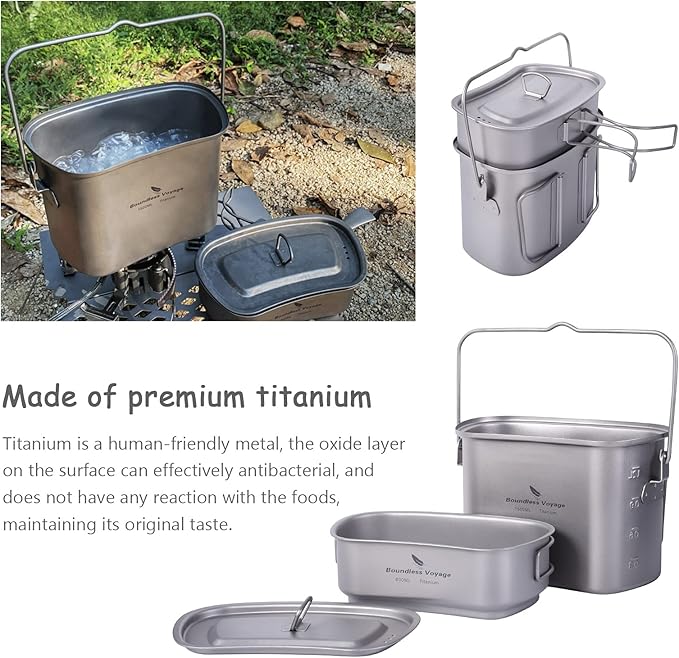 Boundless Voyage Titanium Mess Kit Hanging Pot Cup with Lid Folding Handles Outdoor Camping Cooking Set Ultralight Portable Tableware Cookware