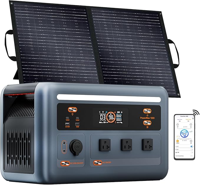 OSCAL 1800W Solar Generator with 100W Solar Panel PowerMax 1800SE, 1024Wh LiFePO4 Battery Generator with 3 AC Outlets (3600W Surge), 800W AC Charging, APP Control Power Station for Home Backup