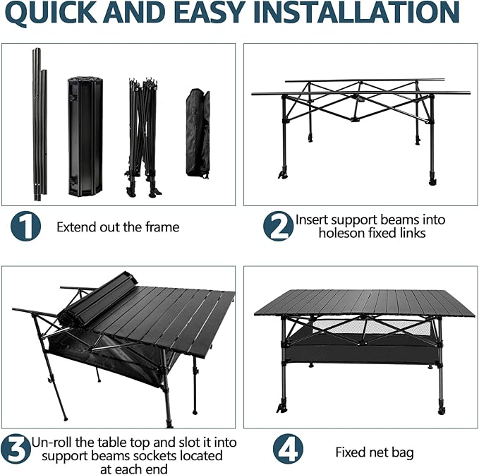 4FT Camping Table, 47" x 21" Steel Fold Up Lightweight Table, Adjustable Height Folding Picnic Table with Carry Bag for Camping, Picnic, Backyard, BBQ, Patio