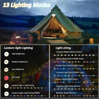Camping String Lights, 32.8Ft Solar Camping Lights, Portable Waterproof Camp Lamp with 13 Lighting Modes, Hanging Rechargeable Tent Lantern for Outdoor, Indoor, Hiking, Yard, Party Decor