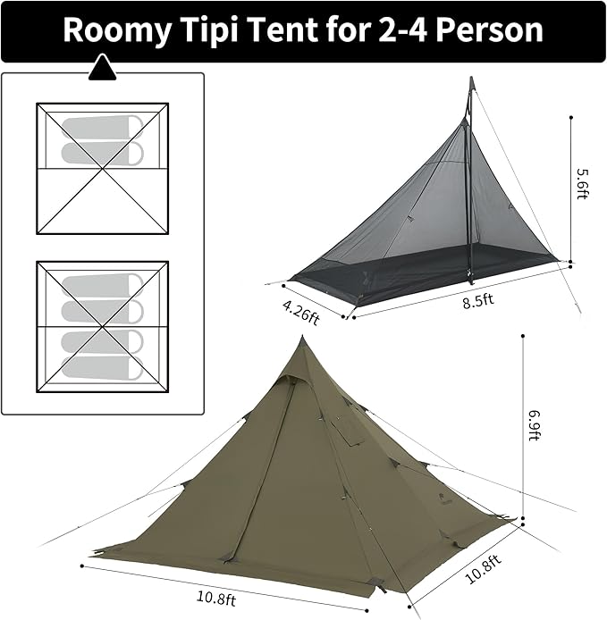 Naturehike Ranch Fire 4 Season Teepee Tent, 2 Person Hot Tent with Stove Jack, Windproof Waterproof Cold Weather Winter Tents for Camping