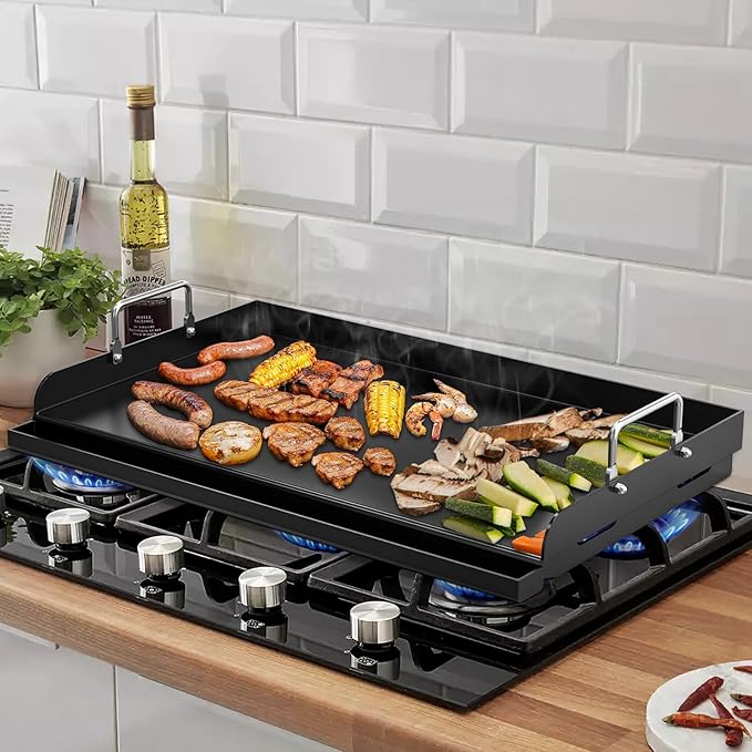 Updated 25" x 16" Cast Iron Griddle for Gas Grill, Nonstick Nanoceramic Stove Top Griddle for Gas Stove, Pre-Seasoned Flat Top Plate Insert for Outdoor Gas Grill, Camping, Tailgating, Parties
