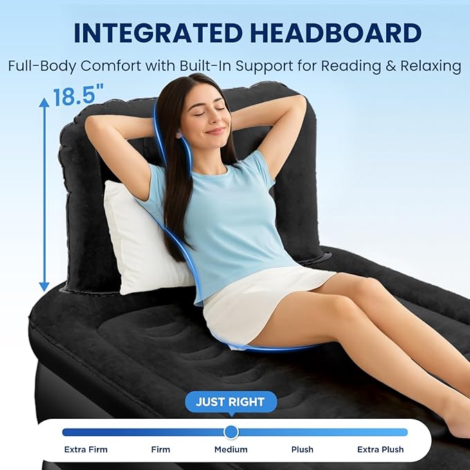 Twin Air Mattress with Headboard, Built-in Pump, Supports 500 lbs, Quiet Noiseless Design, 48-Hour Leak-Tested, 2.5 Min Fast & Easy Inflation/Deflation, Portable Blow Up Bed for Home, Guests & Camping