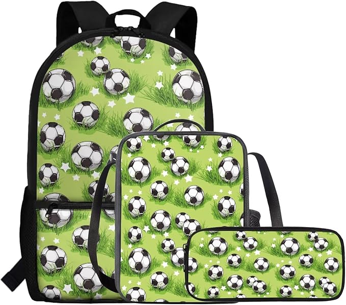 Rnyleeg Grass Soccer Backpack for Boys 5-6 Green Kids Backpack with Lunch Bag Lightweight 3 Pcs School Bag Set for Elementary Students