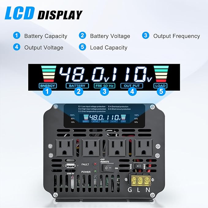 LVYUAN 5000 Watt Power Inverter 48V to 110V 120V for Vehicle, Solar Inverter System, Heavy Duty, RV, Truck, Off Grid,Camping with 4 AC Outlets, LCD Display, Wireless Remote Control, Car Power Inverter