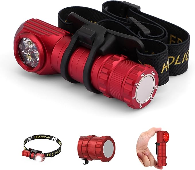LED Rechargeable Headlamp for Adults - Hard Hat Light Running Head Lamp with Red Light, Magnet, 180° Tilt, 7 Modes, Detachable Flashlight & Headband, Outdoor, Emergency 1PC, Red