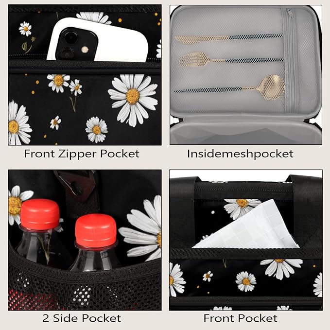 Pardick Daisy Flower Black Soft Cooler Bag Insulated Lunch Box for Men & Women, Large Leakproof Lunch Bag Portable Beach Cooler for Work, Picnic, Road Trips,Fishing, Travel, Camping,A-12