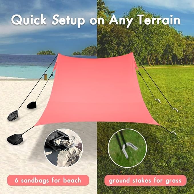 Beach Canopy Windproof Design, Sun Shelter UPF50+ Portable Family Tent with 6 Sandbags Anchors 8x8 FT 2 Pole Pop Up Outdoor Shelter for Beach, Camping, Fishing, Backyard