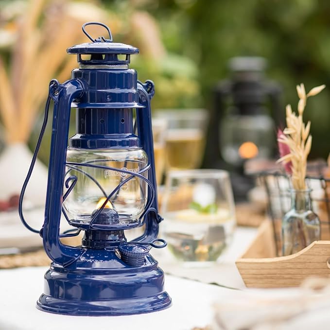 Feuerhand Outdoor Kerosene Fuel Lantern, German Made Weather Resistant Baby Special 276 Galvanized Hurricane Lamp for Camping or Patio, 10 Inches, Cobalt Blue