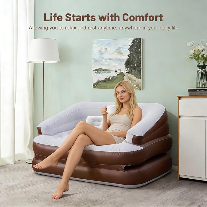 Full Size Inflatable Sofa Bed with Air Pump,2-in-1 Blow-Up Couch and Folding Air Mattress Bed for Home,Camping,and Guests