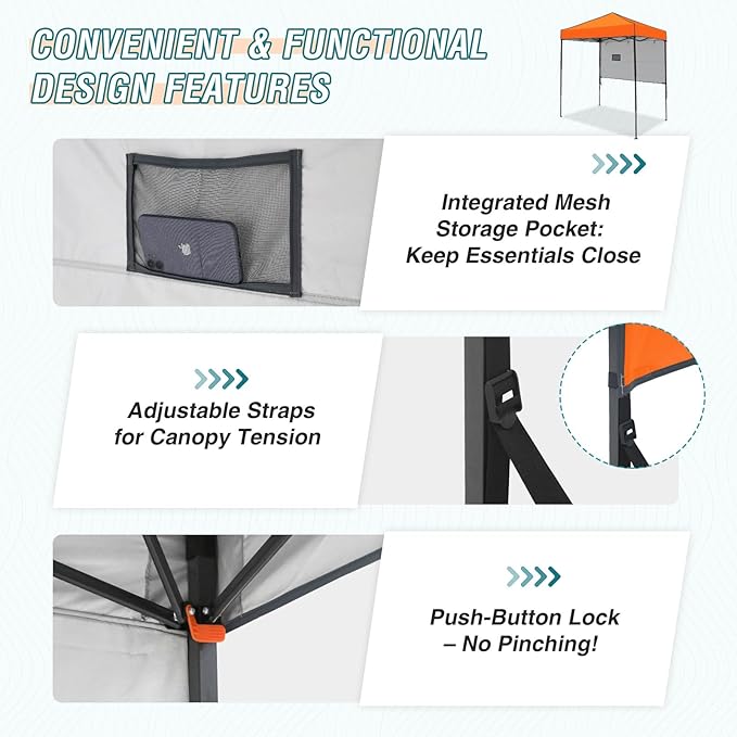 EAGLE PEAK 6x4 Instant Pop Up Canopy Tent with 1 Half Wall Panel, Straight Leg Sun Shelter, Portable Canopy with Carry Bag for Camping, Beach & Sports, Orange